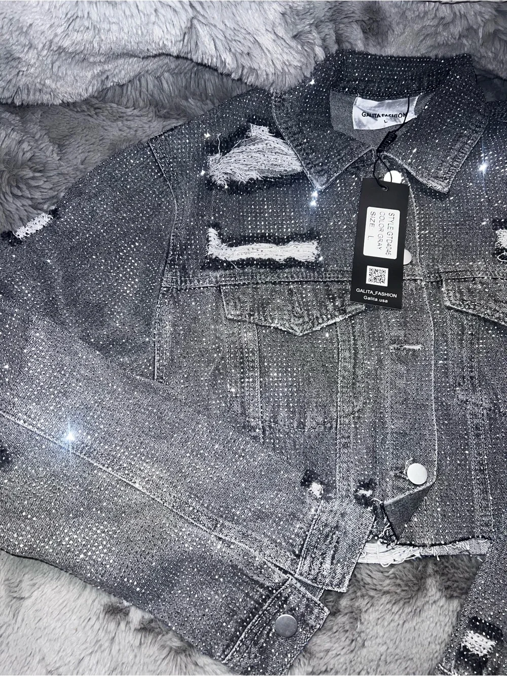 Distressed Rhinestone Black Cropped Denim Jacket - Picture 5 of 7